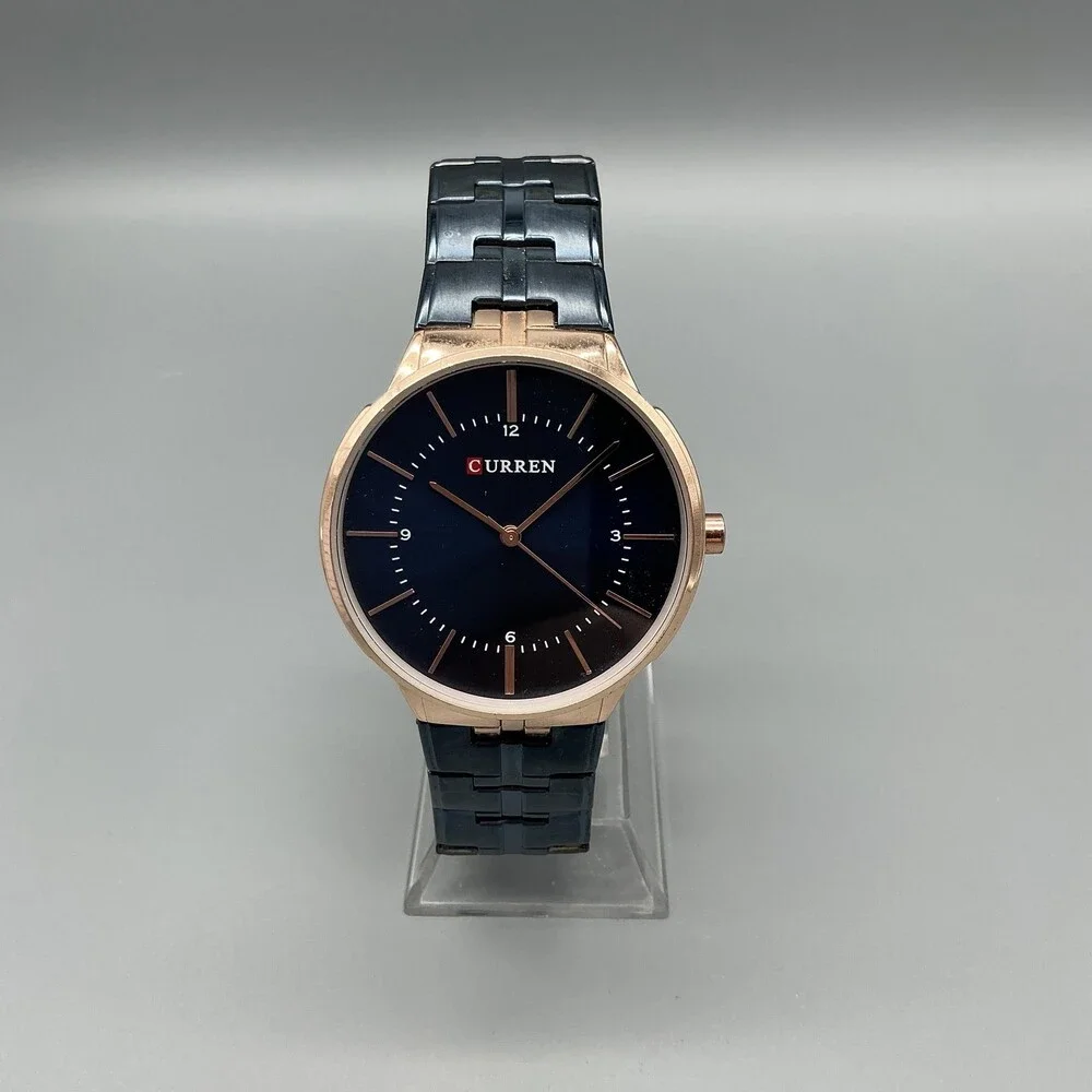 Curren M-8321 Mens Watch 42mm Blue Dial Bracelet Rose Gold Tone New Battery 8.5